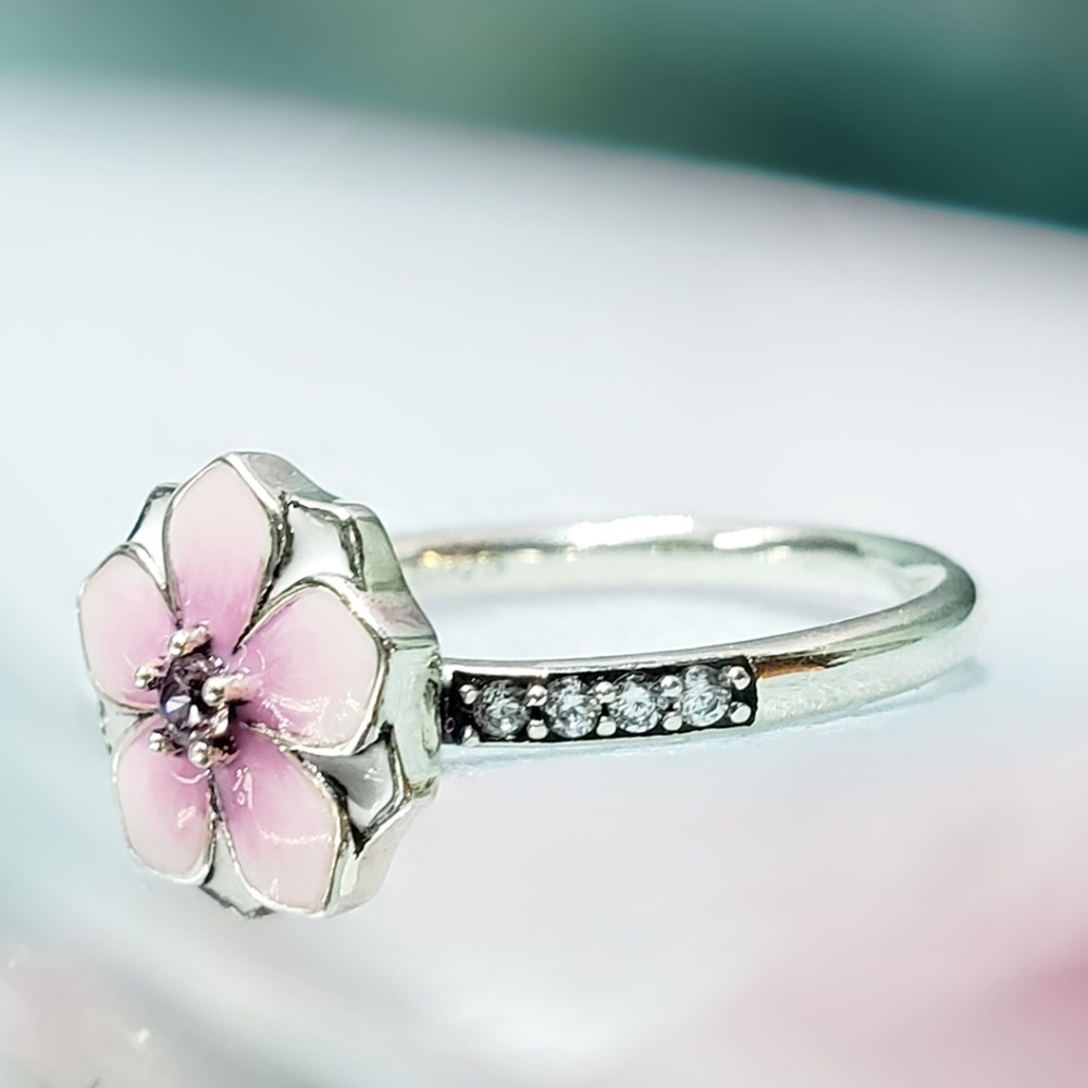 STERLING SILVER PINK ENAMEL MAGNOLIA FLOWER RING - Picture 4 of 8